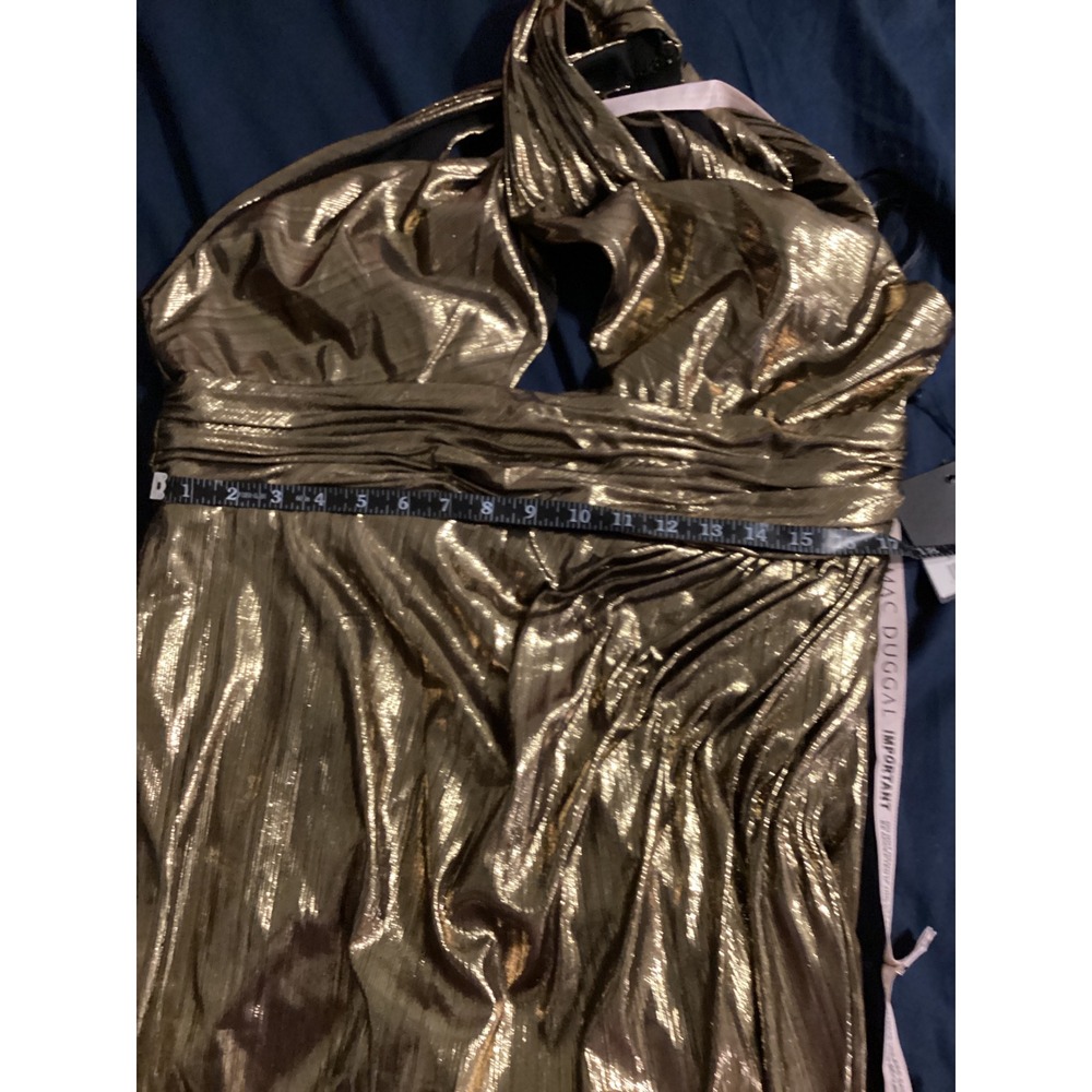 Ieena for Mac Duggal Gold Metallic Halter Gown High Slit Formal Dress 14 - Picture 9 of 11